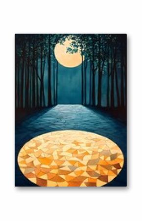 Watercolor Night Garden Painting with Glowing Moon and Geometric Patterns