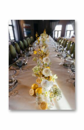 Event decor with white orchids and other white flowers in a restaurant. Restaurant design.