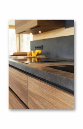 Close-up of modern kitchen countertop with wooden cabinets and black backsplash, eye-level view, natural light, minimalist style