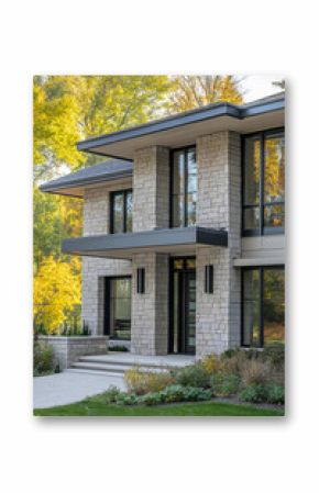 Elegant Stone-Clad Contemporary Home with Large Windows and Lush Landscaping