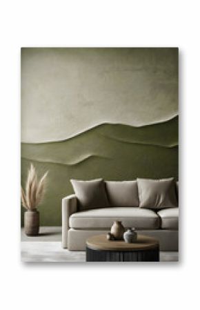 Minimalist Living Room with Green Textured Wall, Neutral Sofa, and Rustic Decor