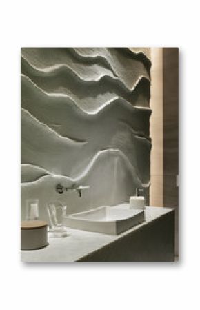 Contemporary Bathroom with Sculptural Wave Wall, Minimalist Sink, and Soft Lighting