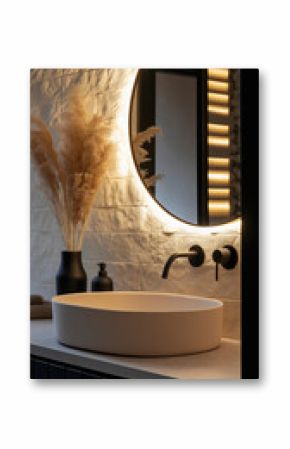 Modern Bathroom with Backlit Mirror, Textured Wall, and Minimalist Sink Design