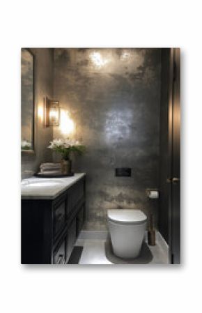 Luxurious Modern Powder Room with Metallic Walls and Contemporary Fixtures