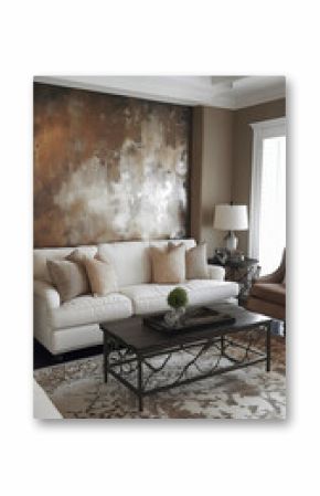 Elegant Living Room with Metallic Accent Wall, White Sofa, and Neutral Decor for a Luxurious Atmosphere