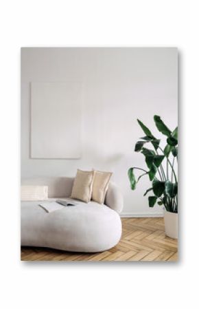 Modern white interior featuring a comfortable couch and indoor plants