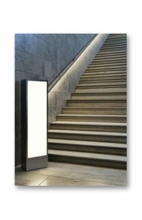 Modern stairway with illuminated handrail and light box in gray stone architecture interior design minimalist style