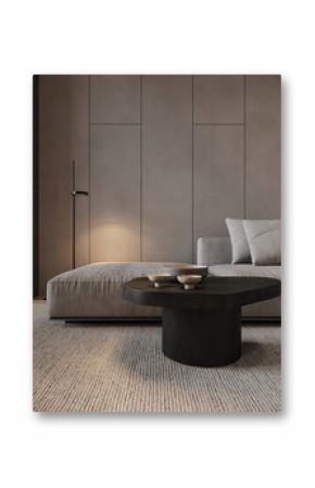 Monochrome interior with wooden table close up and dishes, panoramic window on beautiful garden. Dining area with sofa and cozy design. 3D rendering