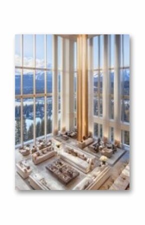 Grand hotel lobby interior with mountain view, high angle, daytime, luxury design, natural light, neutral colors, modern architecture, spacious lounge