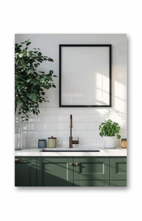 poster wooden frame mockup, kitchen mockup, modern green kitchen interior