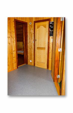 Cottage vacation interior decoration. Wooden hallway with doors in Norway.