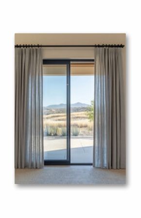 Curtains framing a mountain view