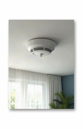 Photorealistic smoke detector mounted on a clean white ceiling in a modern interior, with bright and soft indoor lighting 