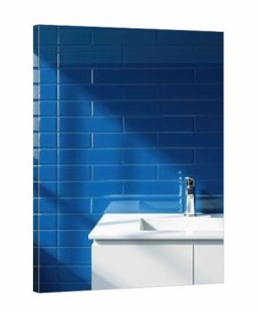 Modern Bathroom Design Featuring Vibrant Blue Glossy Subway Tiles and Sleek White Vanity