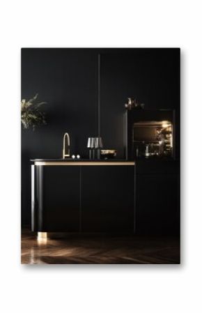 The luxury kitchen features a black minimalist design with gold accents