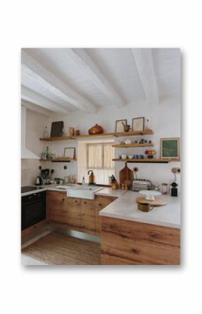 Rustic wooden kitchen interior, natural light, vintage Mediterranean charm with cozy, functional modern design