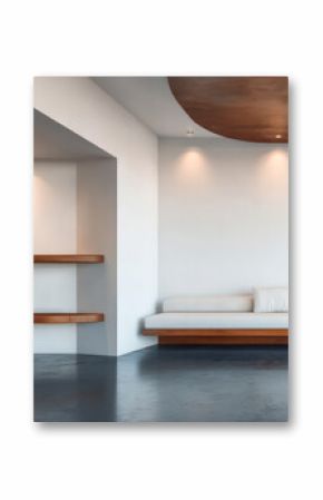 Modern minimalist interior design featuring white walls and wooden accents in a spacious room