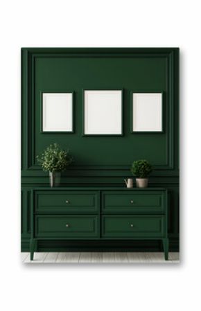 Green wall art with framed prints and cabinet. Modern interior with botanical elements, wooden floor. Dark green hue.