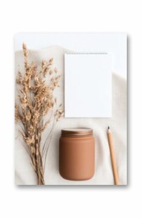 Blank Notepad Mockup with Dried Wheat and Terracotta Jar