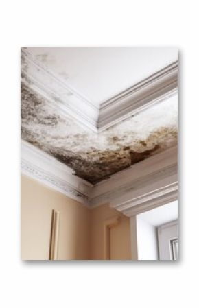 Mold Damage on Ceiling in Home Interior Close Up Showing Water Leak and Growth Problem in Corner with Crown Molding