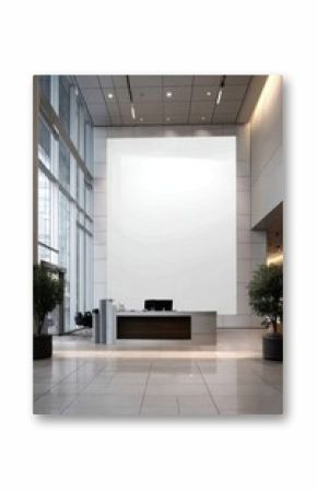 Modern office lobby with reception desk and blank white wall for branding mockup, interior architecture, wide shot, natural light