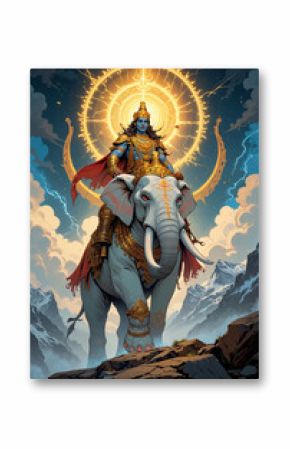 indian god, mythological masterpiece, indra dev sitting on  Airavata