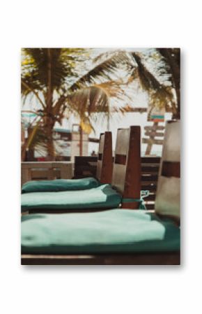 Row of cushioned wooden chairs facing palm trees in Belize