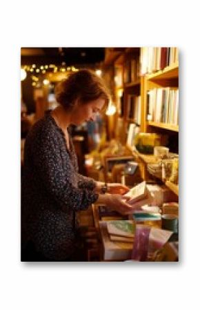 Woman browsing books in cozy bookstore during evening with warm lighting and charming ambiance