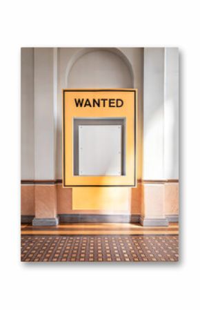 Wanted poster display frame in museum with empty space for information