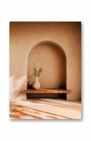 Aesthetic home decor with olive branch in vase on wood table and plaster wall, window sunlight shadow. Interior decoration in neutral boho style using natural material. Home design background.