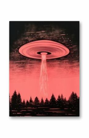 Silkscreen illustration of an ufo outdoors nature night.