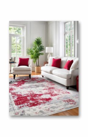 Stylish living room design with red oriental rug and modern furnishings