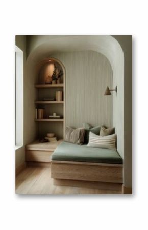 A cozy reading nook with built-in shelving and a comfortable seating area.