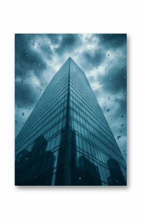 Modern skyscraper under dark clouds with rain droplets on glass