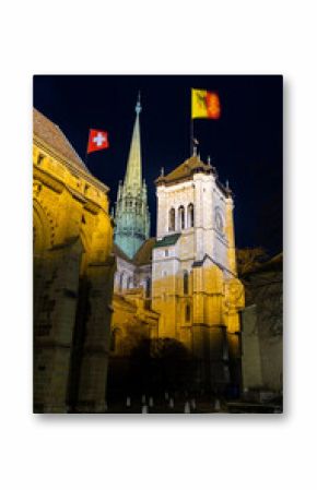 Towers of St Pierre Cathedral in Geneva. Switzerland. Night view