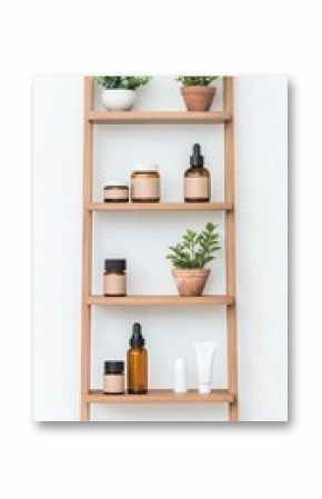 Wooden Ladder Shelf with Skincare Products and Plants