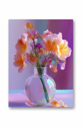Colorful flower arrangement in a clear vase on a softly lit table