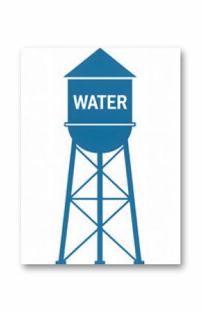 Water tower icon illustration with elevated storage tank structure, clean blue silhouette isolated on white background, concept of municipal water supply, infrastructure, storage, and utility services