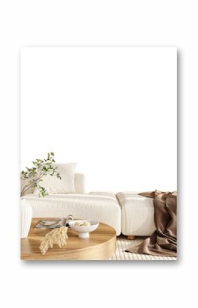 Close-Up of White Sectional Sofa and Coffee Table – Front View PNG with Transparent Wall – 3D render