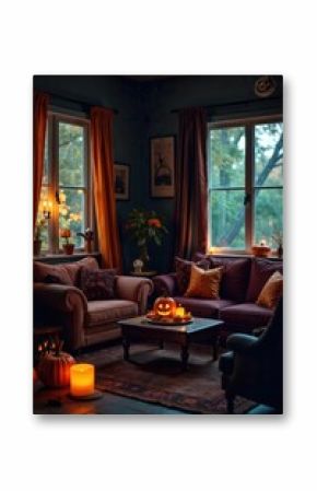 Spooky Halloween decorations adorn a living room, featuring a spiderweb, pumpkins, and ghostly figures Perfect for autumnal and Halloween-themed projects , decorations, halloween party