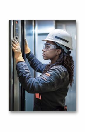 Female technician repairing elevator wearing safety equipment