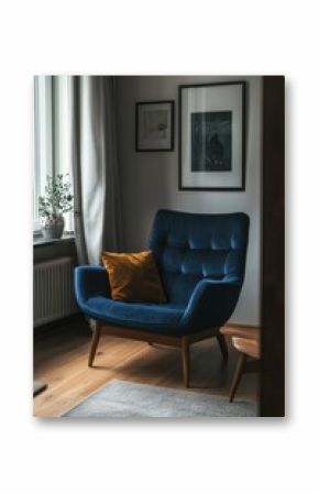Dark blue chair in stylish modern living room. Cozy living room arrangement with sitting area, colorful pillows and picture frames.