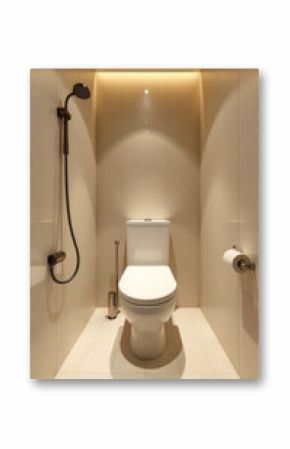 A white toilet situated in a bathroom next to a shower, perfect for use in interior design or plumbing context