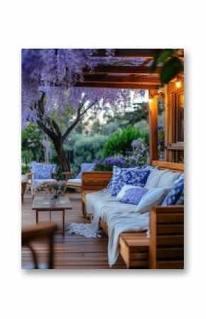Cozy wooden terrace with rustic wooden furniture, soft pillows and blankets. Charming sunny evening in spring garden with blossoming jacaranda trees.