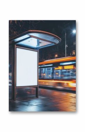 A bus stop shelter with a blurred background, showcasing the lights and movement of city life at night.
