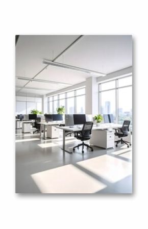 Bright contemporary office space with desks and city views