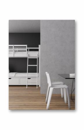 This hostel interior showcases a functional layout with a bunk bed setup, a simple dining table, and wooden flooring. A sleek, minimalist aesthetic enhances the inviting atmosphere for travelers