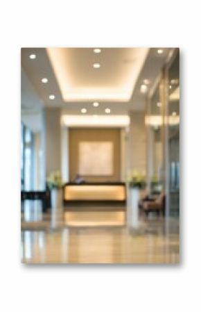 A stunning image of blurred hotel or office building lobby blur background interior view toward reception hall modern luxury white room space with blurry corridor and building.