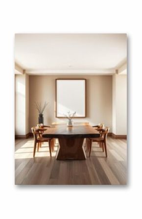 Rustic live edge dining table and wooden log chairs against beige wall with big art poster frame farmhouse japandi interior design of modern dining room Empty room interior design Ultra realistic
