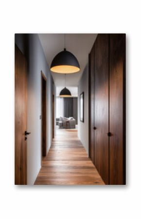 Contemporary entryway interior with wood accents, large built-in closet and warm pendant lights.